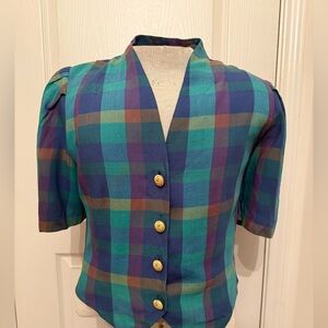 Vintage 1980s Blue Plaid Tailored Blouse with Sweat heart neckline